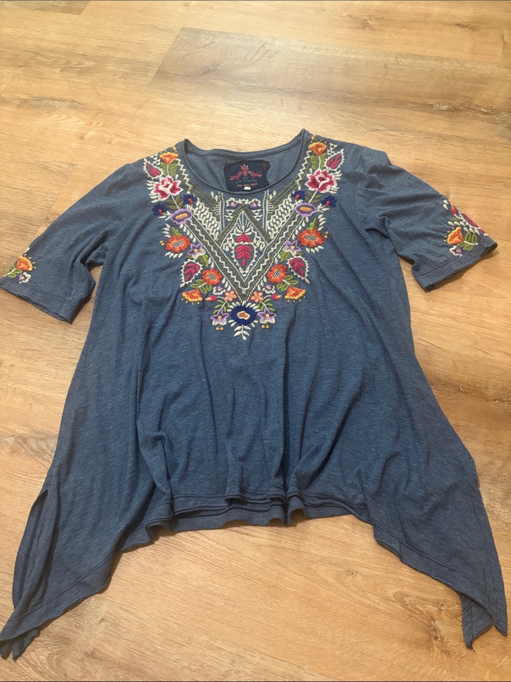 Johnny Was Knit Embroidered Tunic Top Trapeze Cotton  3/4 Sleeve Large